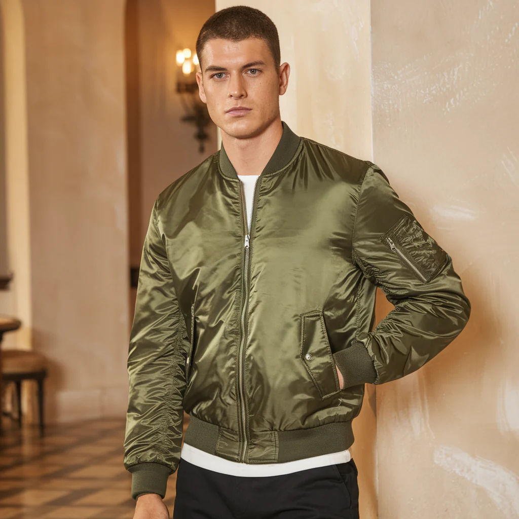 Blouson bomber homme – Veste brillante élégante avec fermeture éclair et poches – Image 4