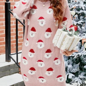 Robe Pull de Noël Femme – Longue Robe d’Hiver avec Imprimé Père Noël