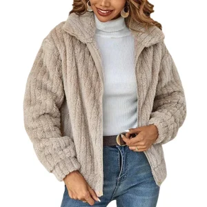 Veste teddy femme – Manteau polaire doux avec fermeture éclair et col