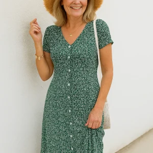 Emma ~ Robe boutonnée avec décolleté en V féminin & stretch confort