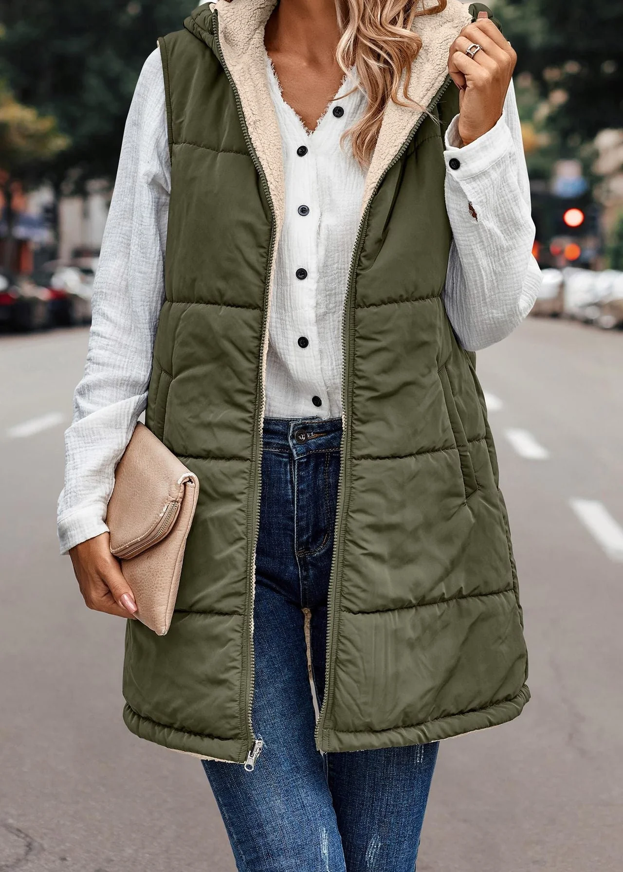 Gabrielle ~ Gilet long réversible avec capuche