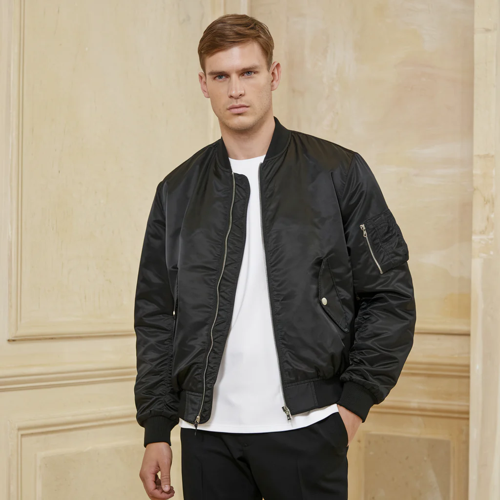 Blouson bomber homme – Veste brillante élégante avec fermeture éclair et poches – Image 3
