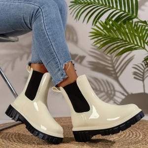 Bottes de Pluie Chelsea Femme – Bottines Imperméables à Semelle Épaisse