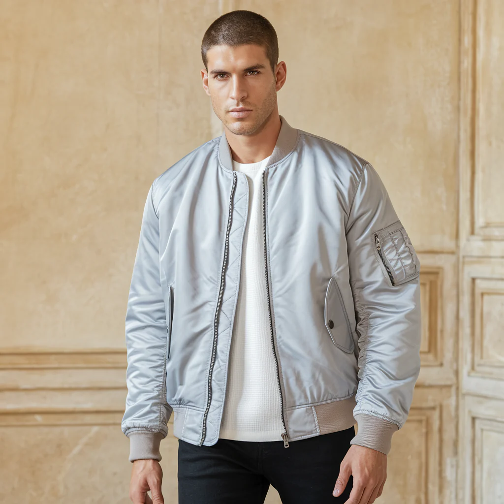 Blouson bomber homme – Veste brillante élégante avec fermeture éclair et poches – Image 8