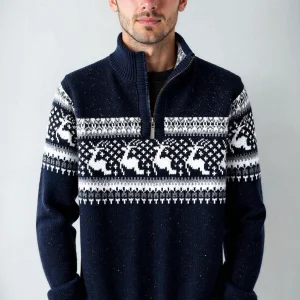Pull d’Hiver Homme à Motif Nordique – Sweat Confortable Demi-Zip