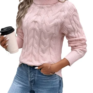 Pull Col Roulé Femme en Maille Torsadée - Chaleur Hiver