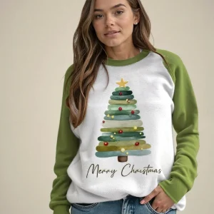 Pull de Noël Femme – Sweat Merry Christmas avec Imprimé Sapin