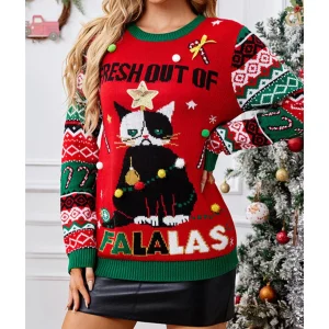 Pull de Noël Femme – Sweat d’Hiver Joyeux avec Chat et Motif Festif
